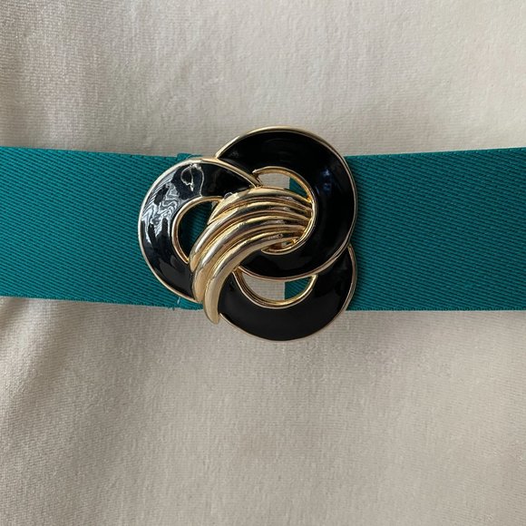 Vintage Day Lor Belt Green Elastic Stretch Gold Black Buckle Adjustable 1980s - Picture 14 of 15